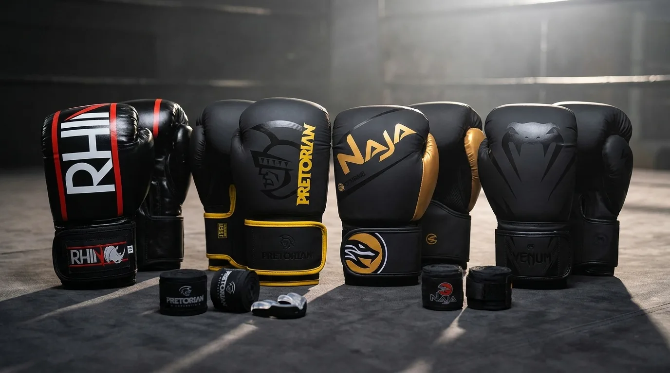 Luva de boxe e muay thai: luvas Rhino, Pretorian, Naja e Venum com bandagens sobre lona de ringue