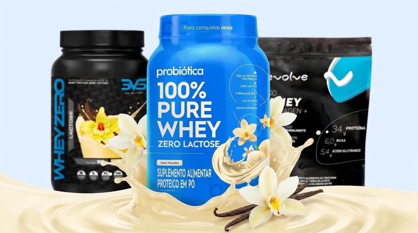 Wheys zero lactose Probiótica 100% Pure Whey, 3VS Whey Zero e Evolve Iso Whey com shake de baunilha