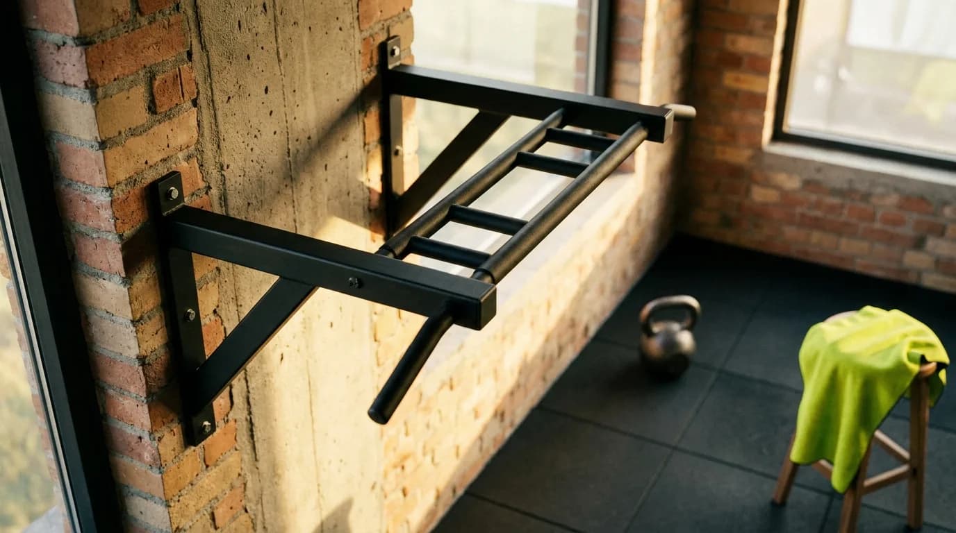 Barra fixa de parede de aço preto fixada em parede de tijolo num home gym, com kettlebell ao fundo e toalha verde