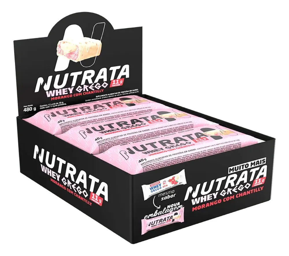 Barra Whey Grego 40g Display com 12 unidades Morango com Chantilly Nutrata — review e melhor preço | gymcerto