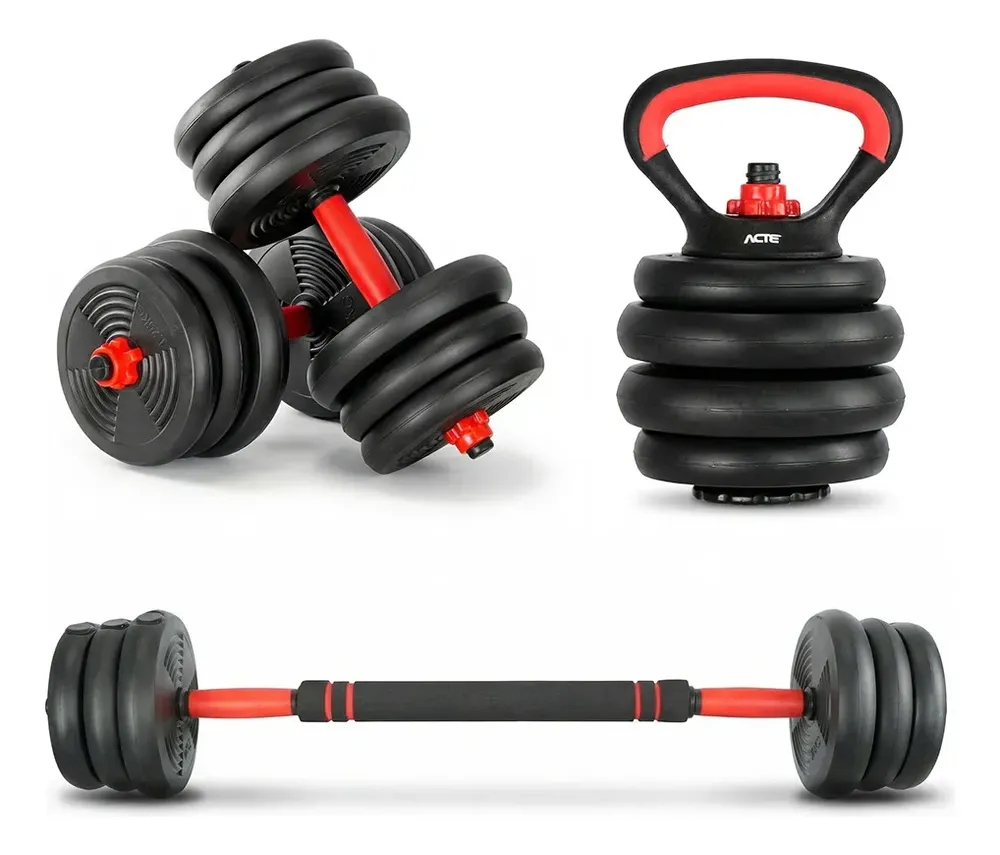 Kit Halteres Ajustável 6 em 1 ACTE S200 até 20kg Barra Longa Kettlebell - review, especificações e melhor preço | gymcerto