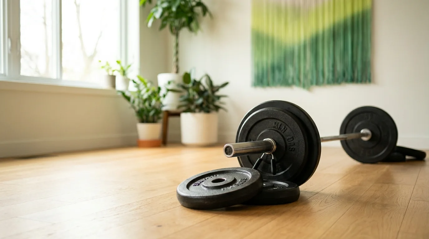 Barra de musculação carregada com anilhas de ferro fundido no piso de madeira de um home gym claro, com plantas e luz natural