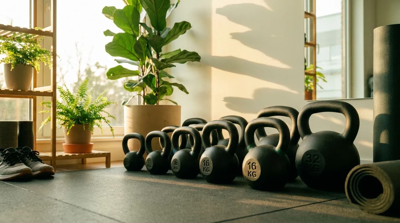 Conjunto de kettlebells pretos em vários pesos (8, 16 e 32 kg) num canto de home gym com plantas e luz natural