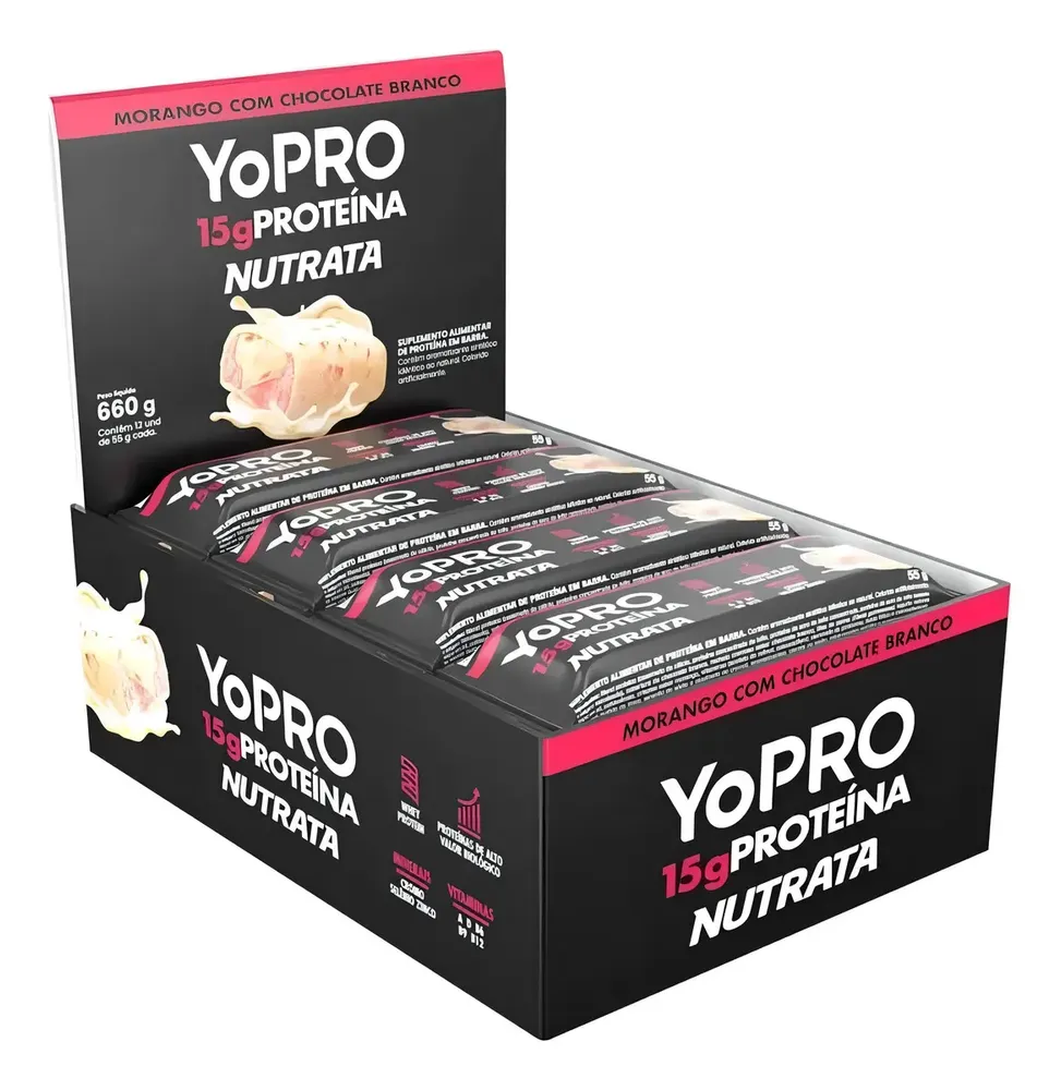 Nutrata Yopro 55g C/ 12 Barras – Morango Com Chocolate Branco — review e melhor preço | gymcerto