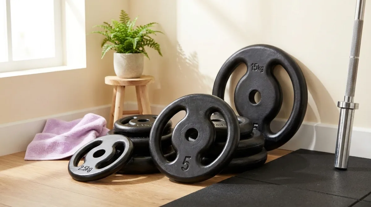 Anilhas de ferro e emborrachadas para treino de musculação em casa