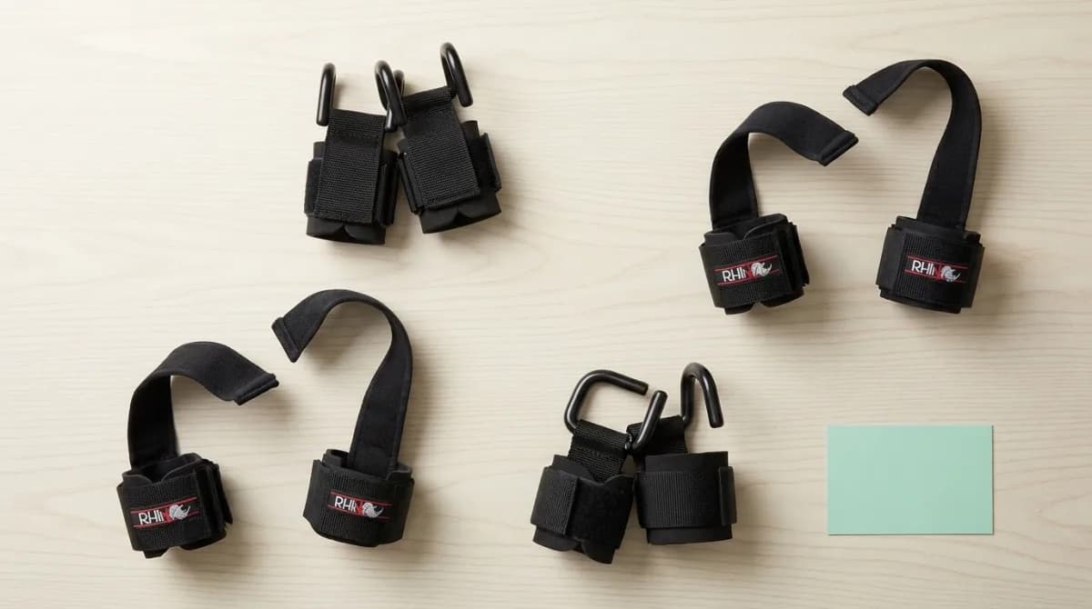 Melhores straps de musculação de algodão e com gancho de metal organizados em superfície clara