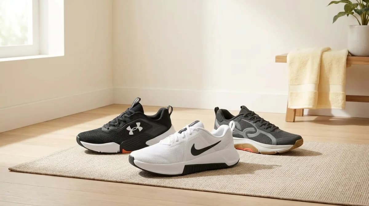 Tênis para treino Nike MC Trainer 3, Under Armour Tribase Reps e Olympikus num canto de home gym